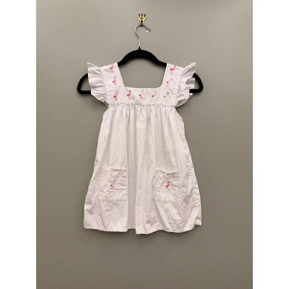 Carole Amper Girls Flamingo Dress White Cotton Embroidered Handmade Mexico